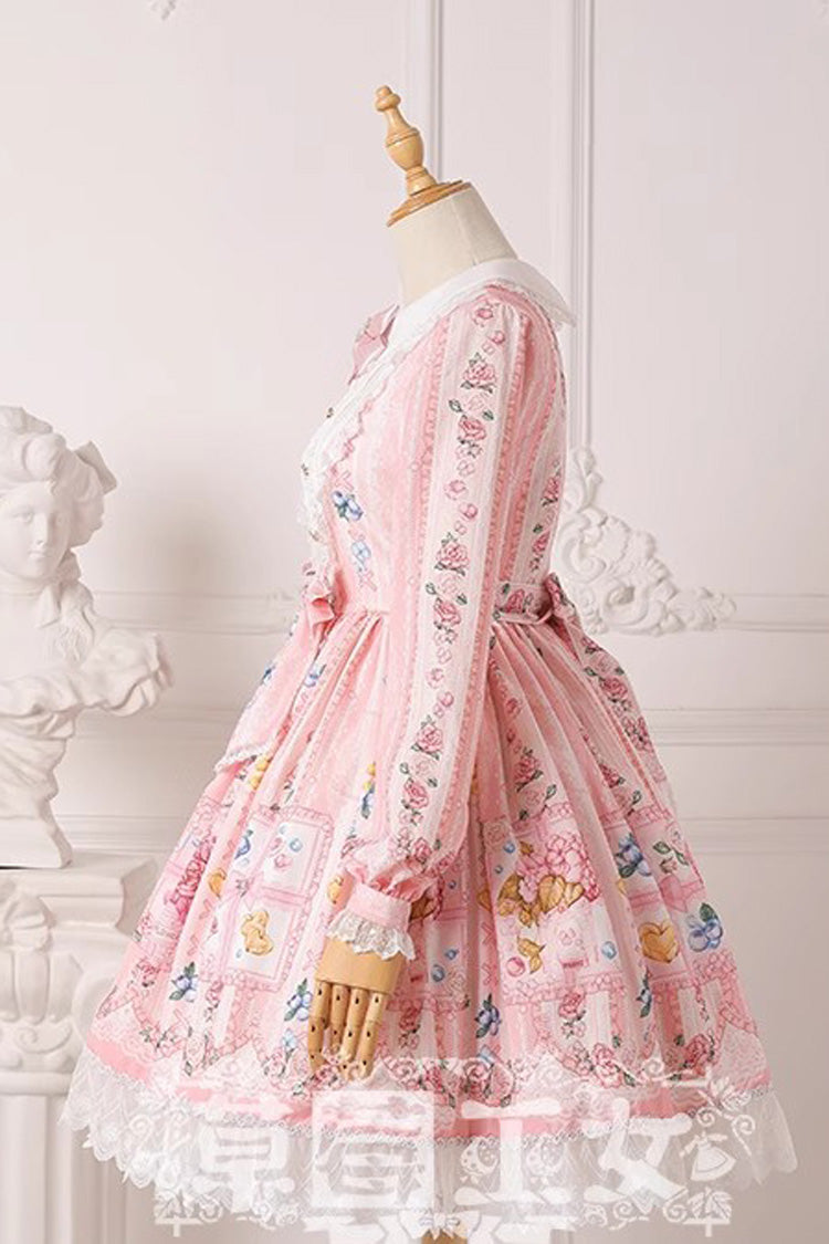 Blueberry Berries Print Long Sleeves Bowknot Sweet Princess Lolita Dress 4 Colors - Product - 8