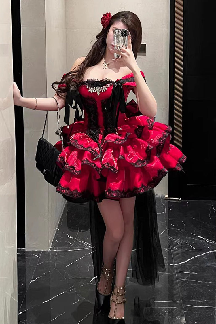 Red [Love Poems of the Heart] Sleeveless Triple-Layered Ruffled Lace Lace-Up Sweet Lolita Jsk Dress - Product - 10