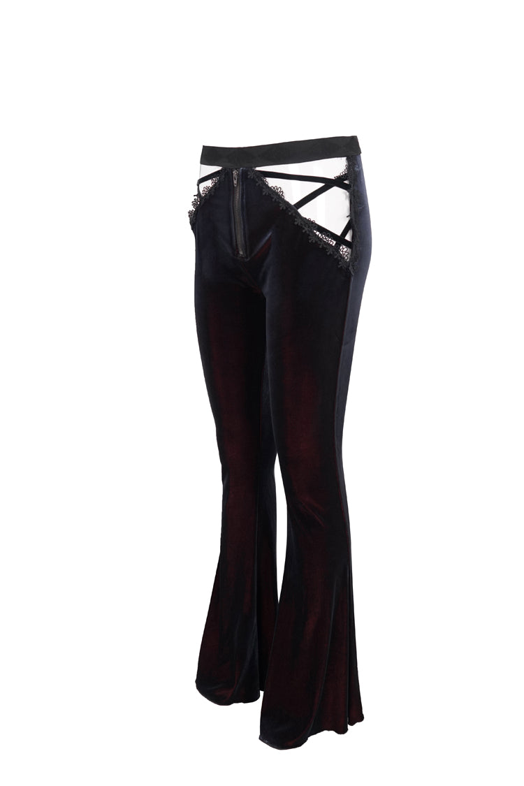 Black/Red Velvet Low-Rise Ribbon Cutout Flare Women's Gothic Pants - Product - 8