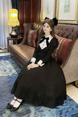 Black [Miss Donya] Stand Collar Long Sleeves Bow Gothic Elegant Lolita OP Dress - Product - 2
