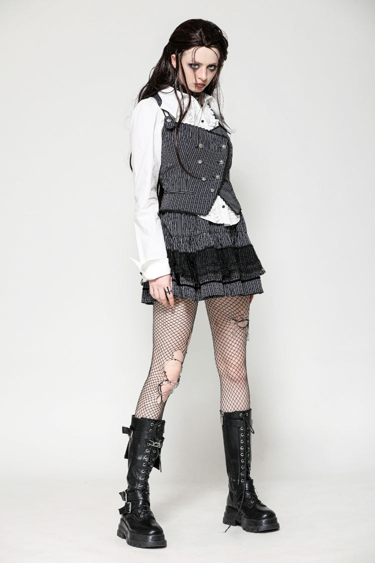 Black/White Striped Buckled Women's Gothic College Style Vest - Product - 10