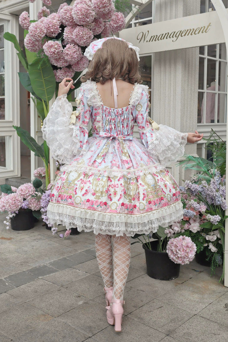 Blue/Pink [Rose Garden Prelude] Square Collar Long Trumpet Sleeves Printed Ruffled Bow Lace Lace-Up Sweet Lolita Dress - Product - 10