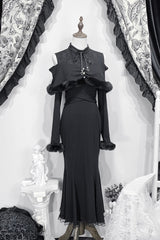 Jirai Kei Stand Collar Off Shoulder Long Sleeves Embroidered Lace Sweet Japanese Fishtail Dress 2 Colors - Product - 3
