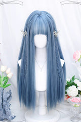 Blue Air Bangs Slightly Curly Long Sweet Lolita Wig - Blue - 1
