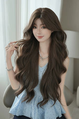 Honey Tea Warm Brown Natural Fluffy Long Wavy Sweet Lolita Wig with Face-Framing Bangs - Product - 2
