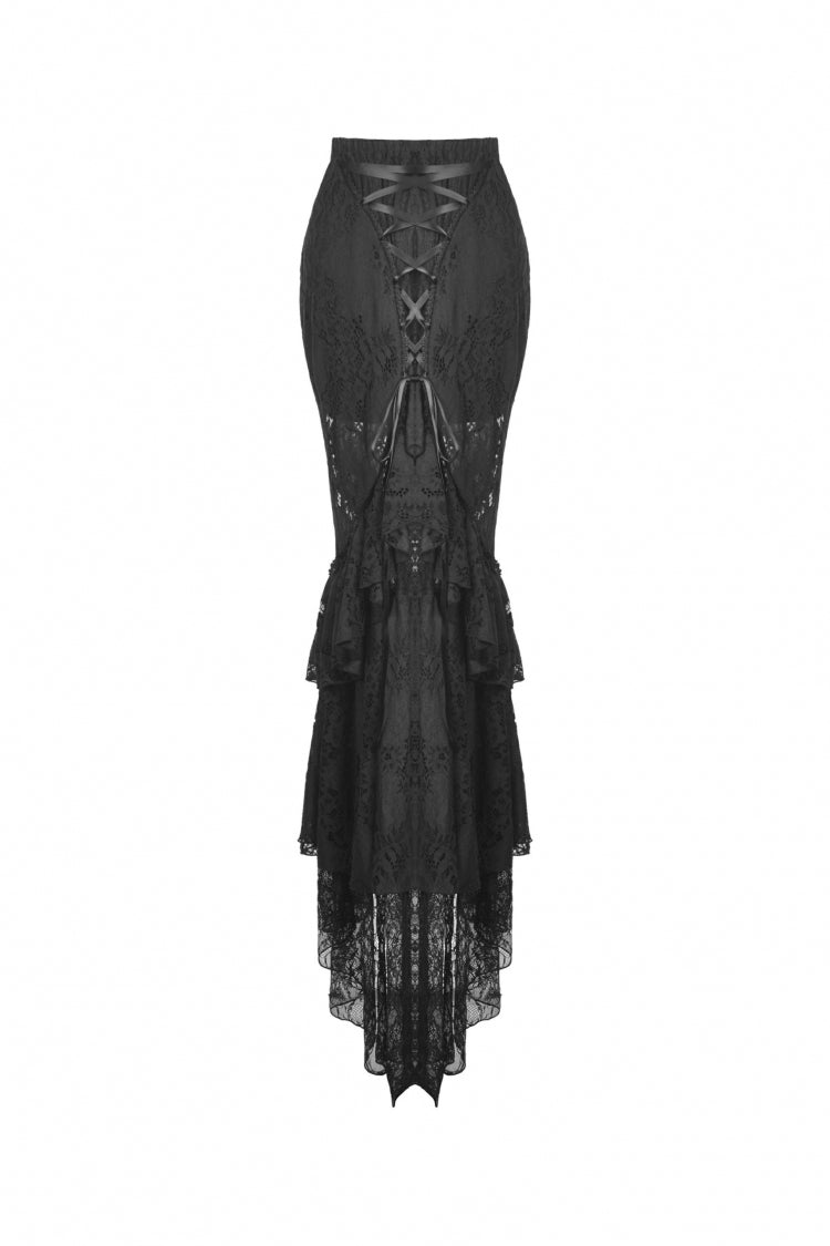 Black Women's Gothic Multi-Layered Lace Lace-Up Mermaid Maxi Skirt - Product - 10