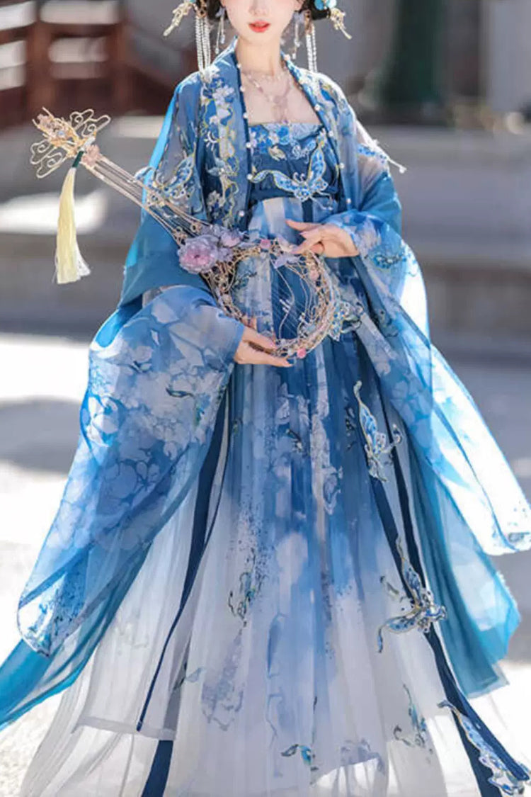 Blue Print Embroidery Women's Gorgeous Hanfu Dress Full Set - Blue - 1