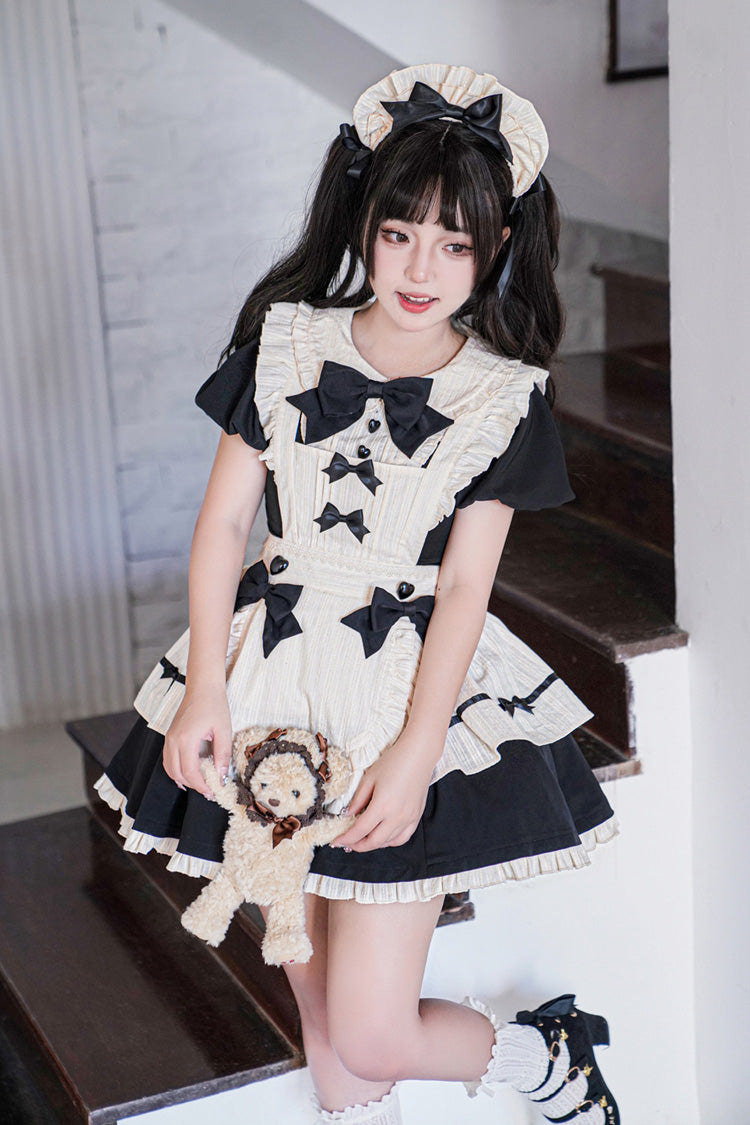 Black Lapel Collar Short Sleeves Ruffled Bow Sweet Elegant Maid Halloween Lolita Dress - Black - 1