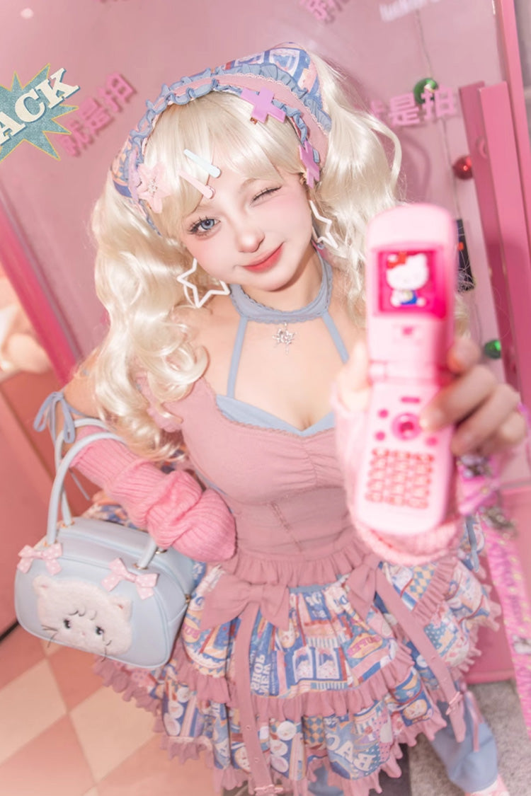 Pink Double-Layered Pop Advertising Paper Print Ruffle Bowknot Sweet Lolita Skirt Set - Product - 6