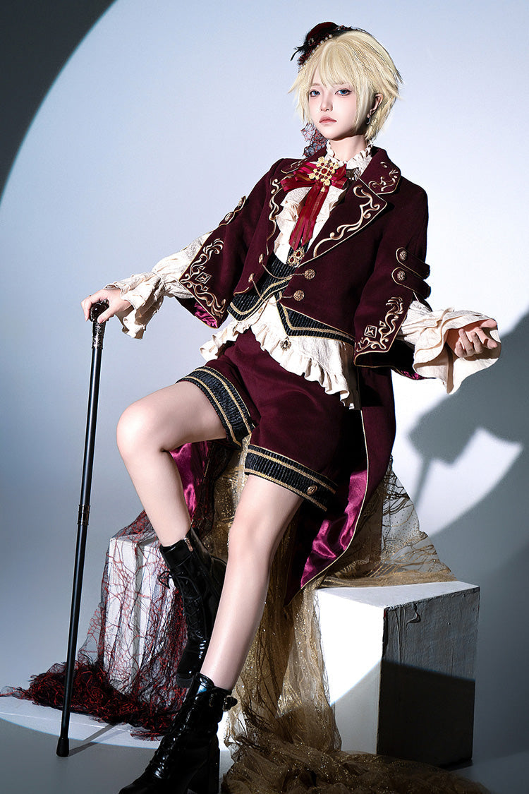 Red [Royal Heir] Embroidery Classic Military Gorgeous Handsome Ouji Lolita Coat Blouse Shorts Set - Product - 6