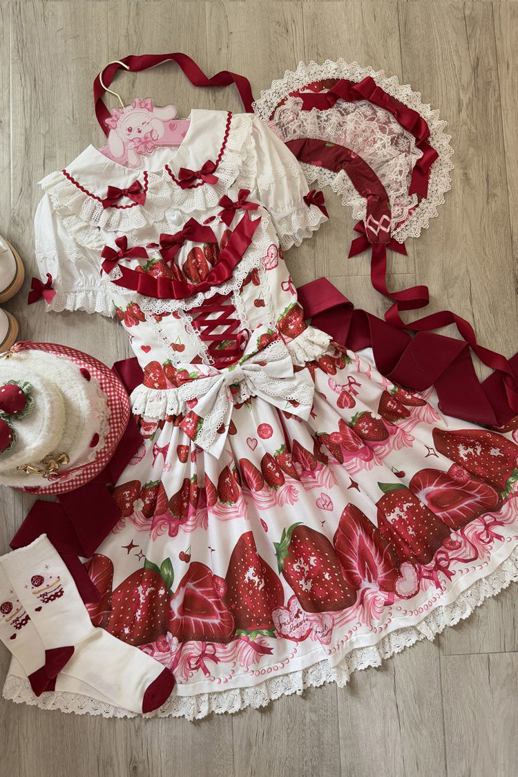 [Sweet Berry Tale] Strawberry Print Ruffle Bowknot Lace Sweet Lolita Jsk Dress 4 Colors - Product - 7