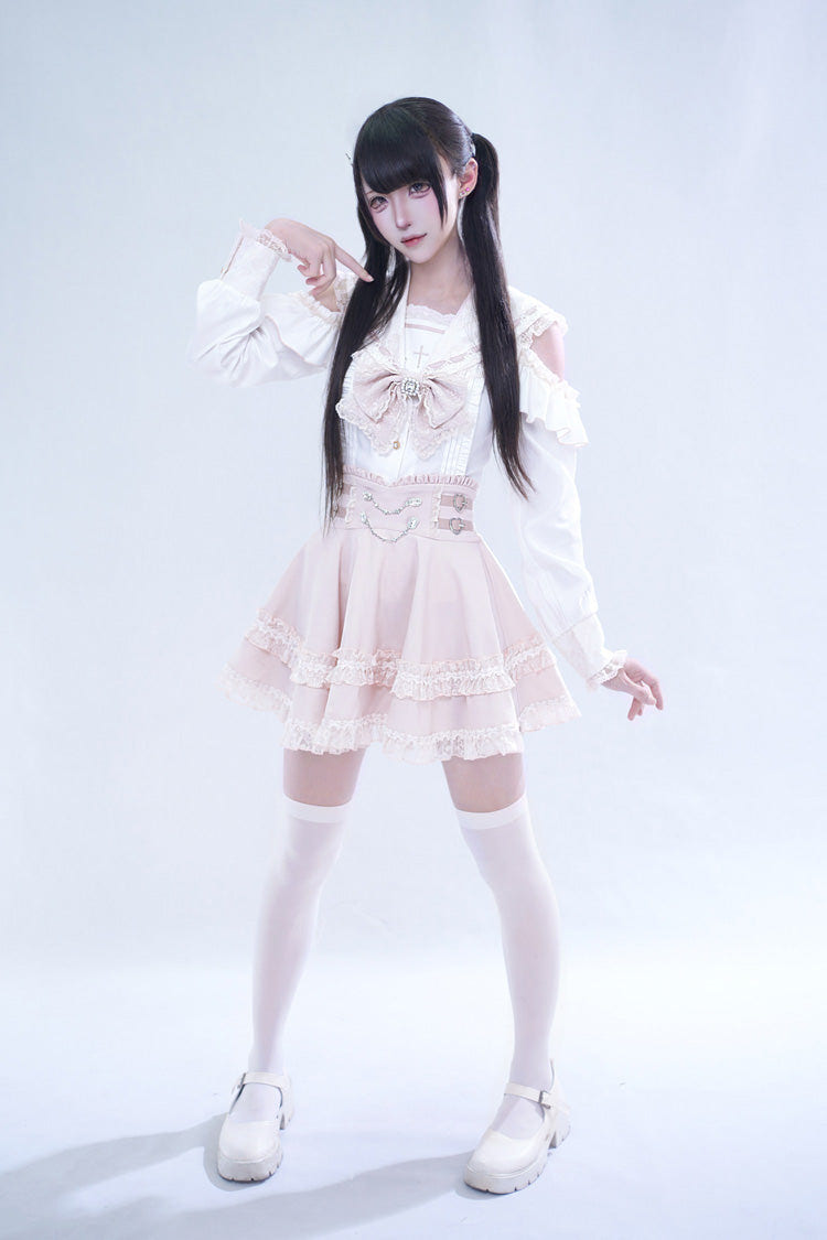 ピンク [Apprentice Witch] オフショルダー ネイビー 襟 半袖 フリル リボン レース パール Detail クラシカル 地雷系 和風 スカートセット 商品画像