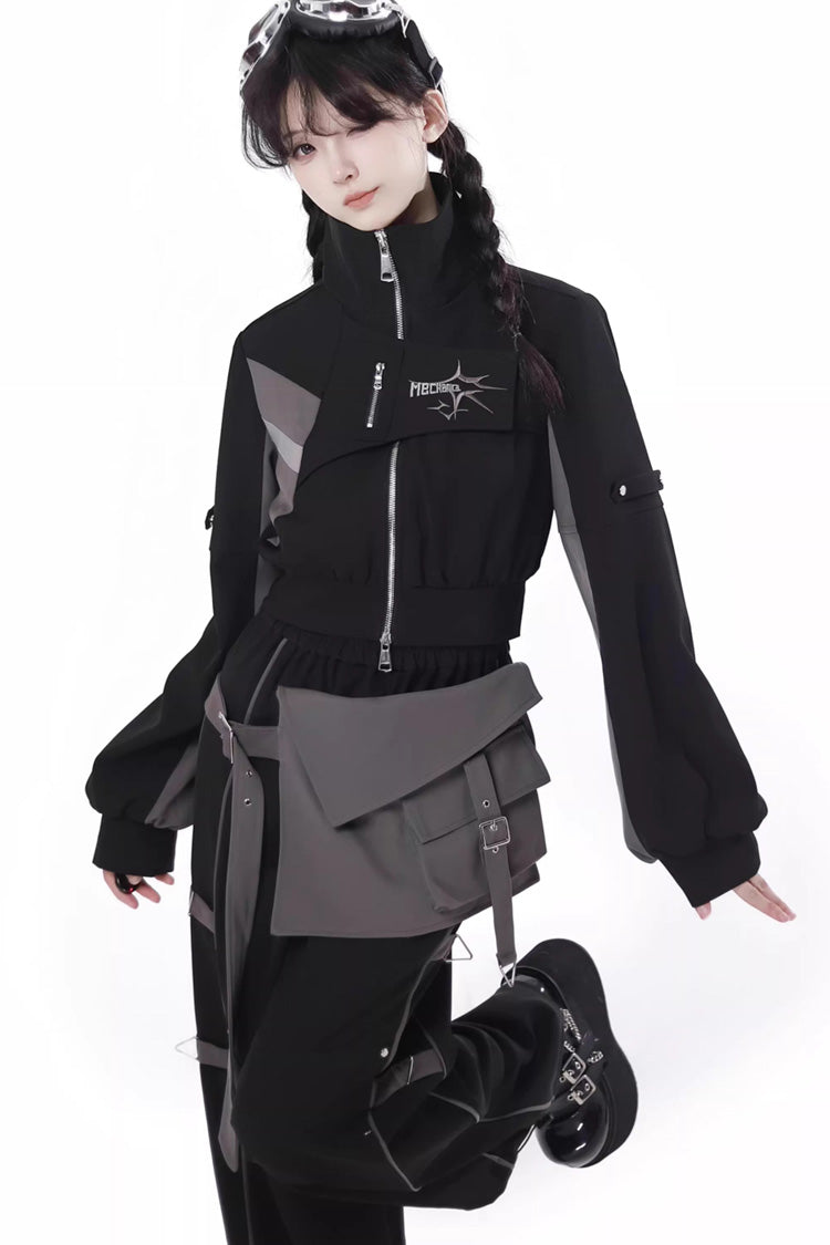 Black [Holographic Cruise] Techwear Long Sleeves Spliced Zippered Gothic Jirai Kei Pants and Short Coat Set - Product - 4