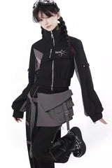 Black [Holographic Cruise] Techwear Long Sleeves Spliced Zippered Gothic Jirai Kei Pants and Short Coat Set - Product - 4