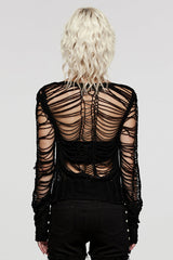 Black Long Sleeves Hollow Sheer Ripped Women's Steampunk Knitted Sweater - Product - 3