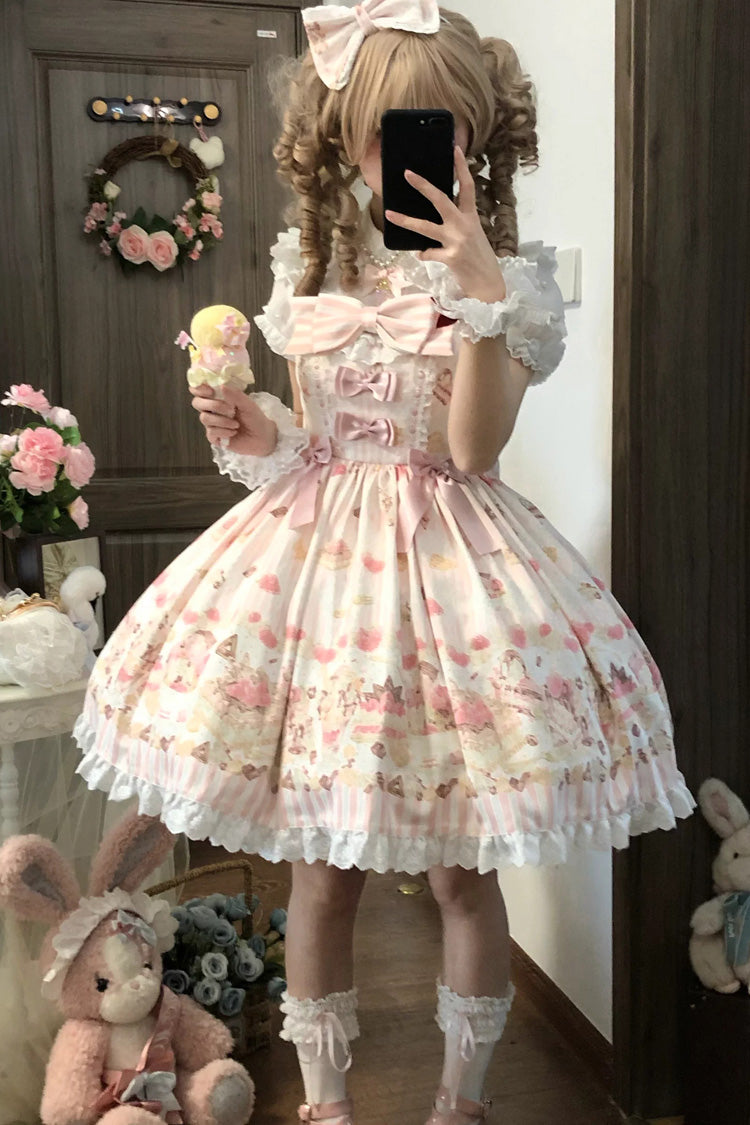 Pink [Strawberry Ice Cream Cheesecake] Square Collar Short Sleeves Printed Ruffled Bow Lace Casual Sweet Lolita Jsk Dress - Product - 6