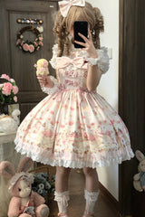 Pink [Strawberry Ice Cream Cheesecake] Square Collar Short Sleeves Printed Ruffled Bow Lace Casual Sweet Lolita Jsk Dress - Product - 6