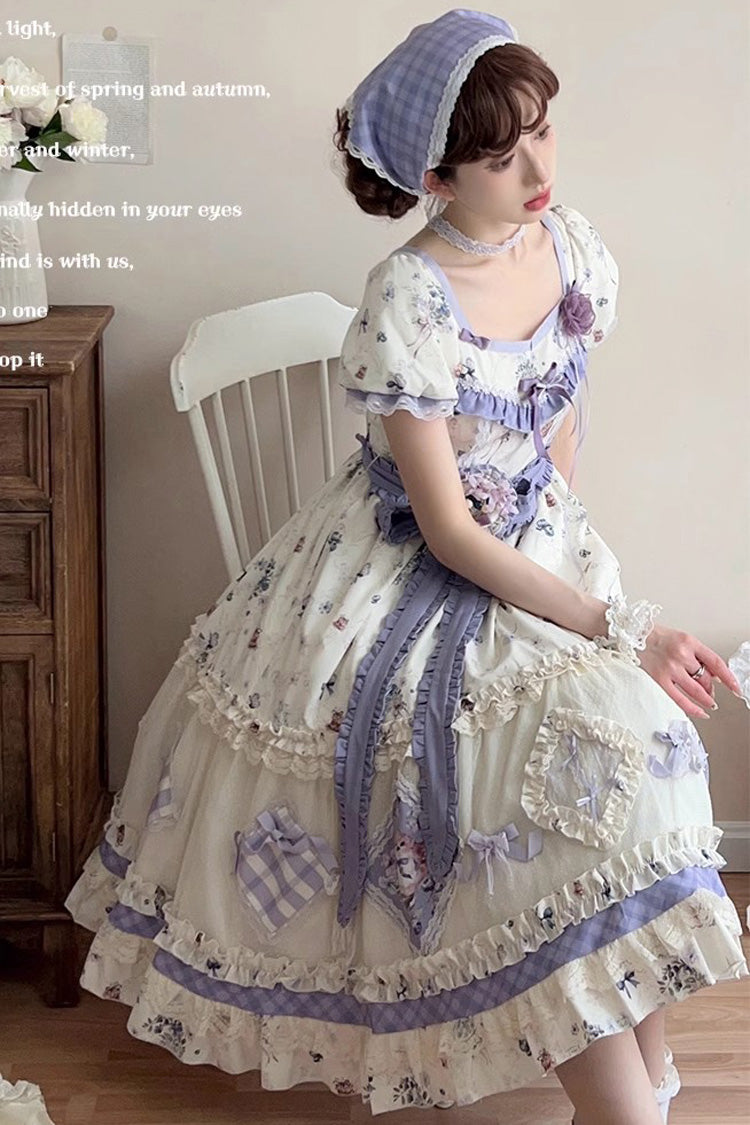 Purple/Ivory Blueberry Pie Print Short Sleeves Ruffle Bowknot Sweet Lolita Dress - Product - 9
