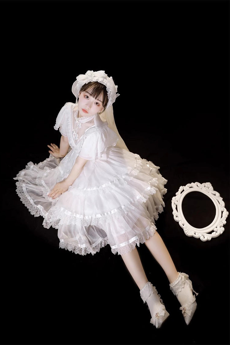White Castle Night High Waisted Ruffled Hanayome Gothic Lolita Tiered Dress - Product - 4