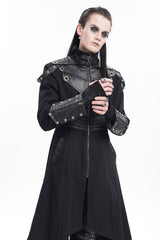 Black Stand Collar Eyelets Buckle-up Ring Long Sleeves Stitching Men's Gothic Coat - Product - 12