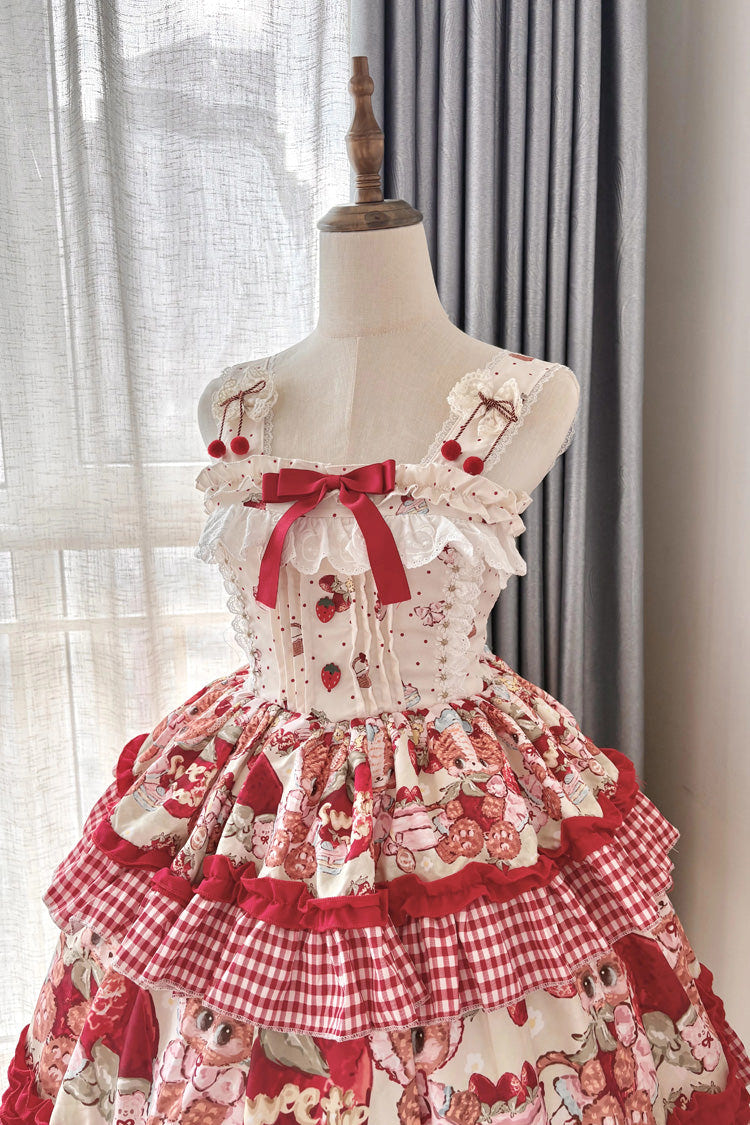 Red [Strawberry Bear] Sleeveless Double-Layered Print Ruffle Bowknot Sweet Princess Lolita Jsk Dress - Product - 7
