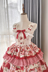 Red [Strawberry Bear] Sleeveless Double-Layered Print Ruffle Bowknot Sweet Princess Lolita Jsk Dress - Product - 7
