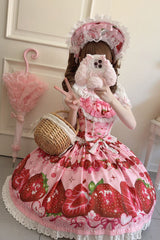 [Sweet Berry Tale] Strawberry Print Ruffle Bowknot Lace Sweet Lolita Jsk Dress 4 Colors - Product - 10