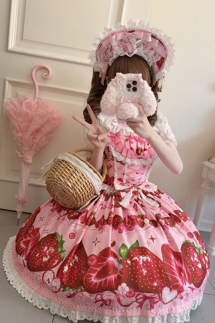 [Sweet Berry Tale] Strawberry Print Ruffle Bowknot Lace Sweet Lolita Jsk Dress 4 Colors - Product - 10