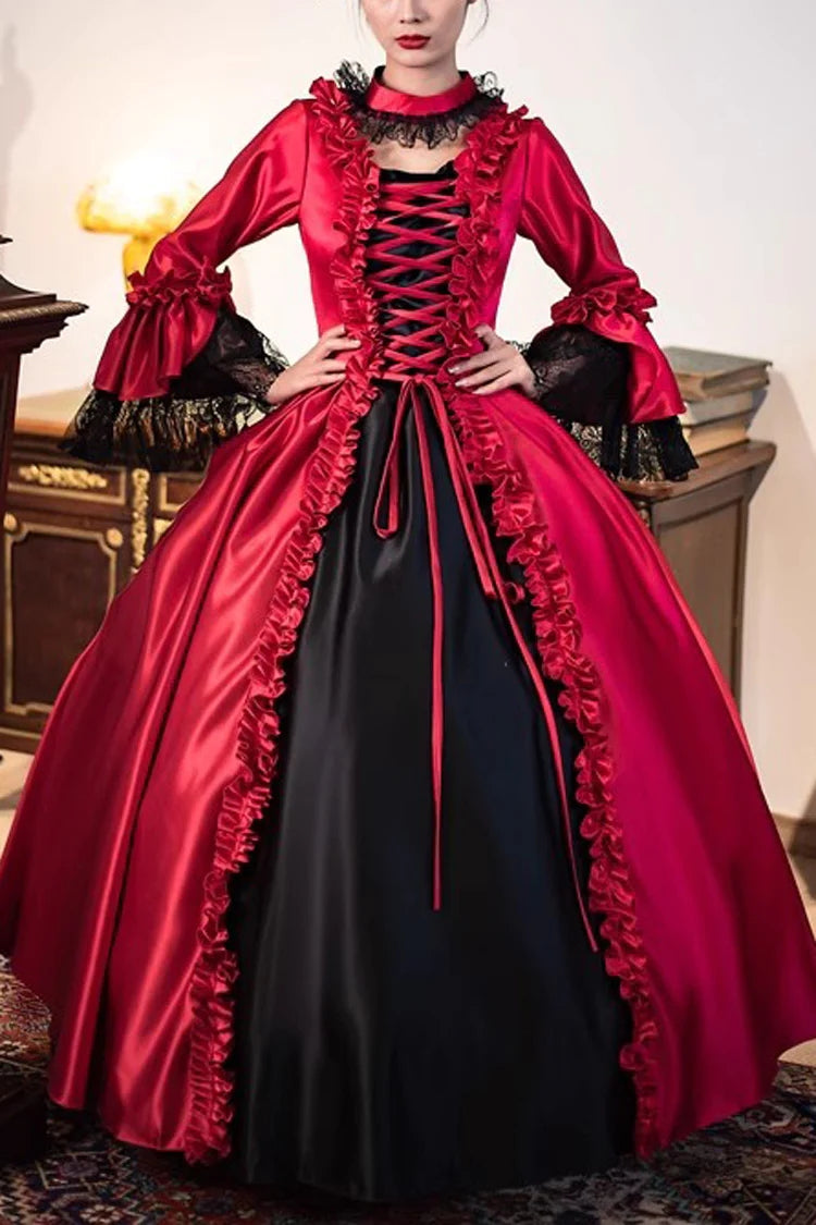 Wine Red Print Medieval Court Rococo Gothic Victorian Lolita Long Dress - Red - 1