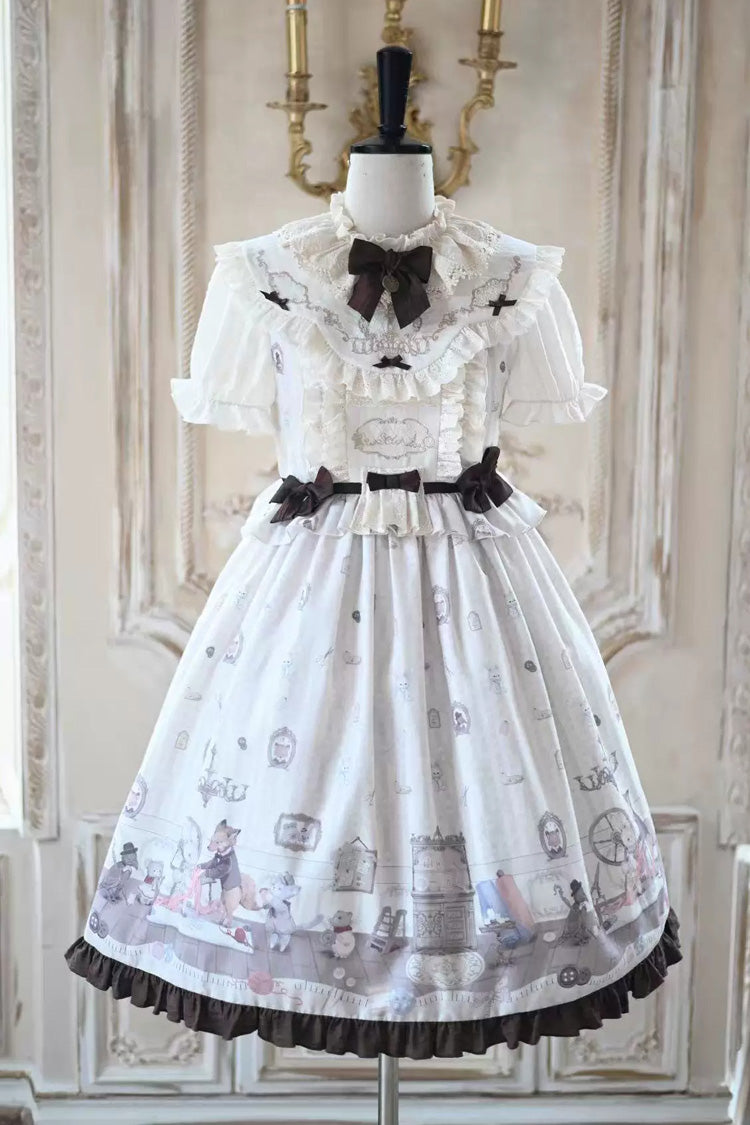Ivory [Forest Tailor Shop] Stand Collar Short Sleeves Printed Ruffled Bow Sweet Lolita Dress - Product - 4
