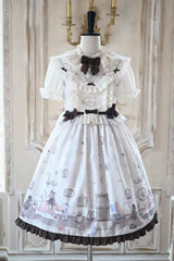 Ivory [Forest Tailor Shop] Stand Collar Short Sleeves Printed Ruffled Bow Sweet Lolita Dress - Product - 4