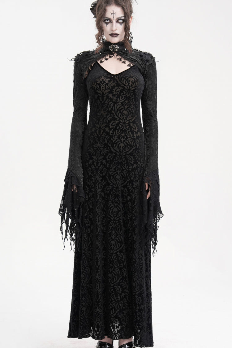 Black Stand Collar Long Sleeves Lace Tassels Women's Gothic Cape - Product - 4