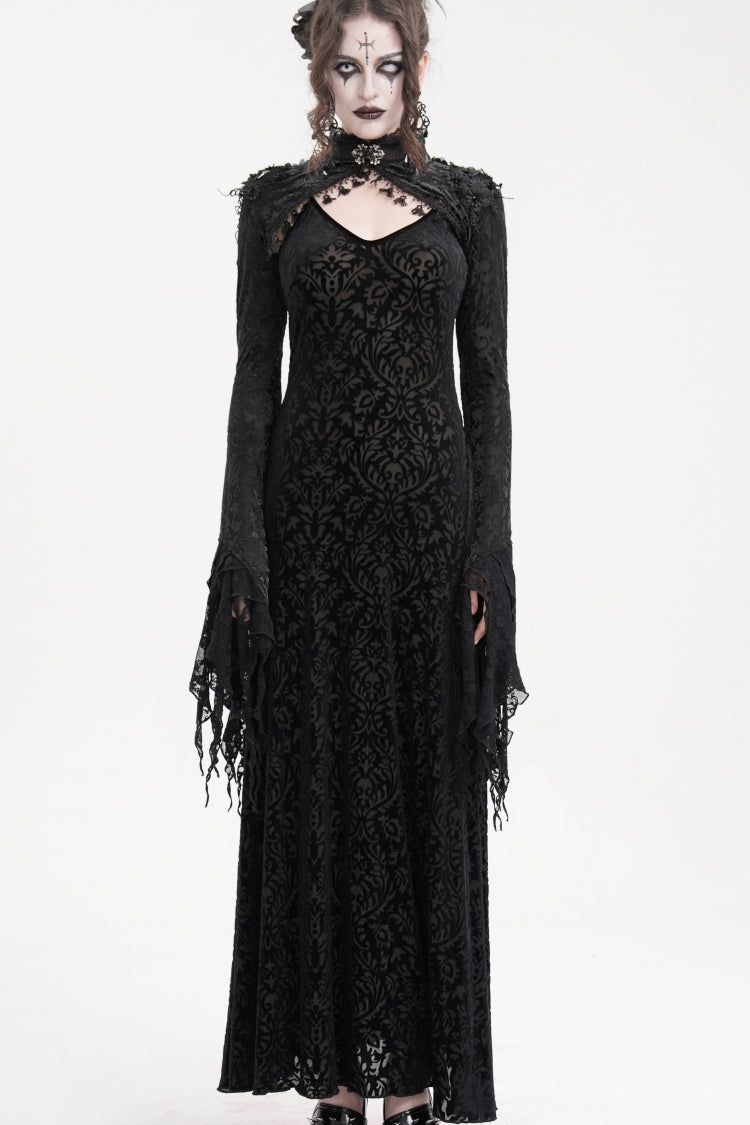 Black Stand Collar Long Sleeves Lace Tassels Women's Gothic Cape - Product - 4