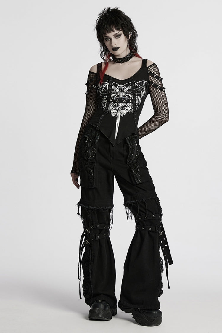 Black Long Sleeves Cutout Skull Print Stitching Mesh Women's Punk Blouse - Product - 4