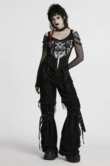 Black Long Sleeves Cutout Skull Print Stitching Mesh Women's Punk Blouse - Product - 4