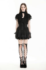 Black Stand Collar Ruffled Short Sleeves Lace Spliced Women's Gothic Blouse - Product - 5