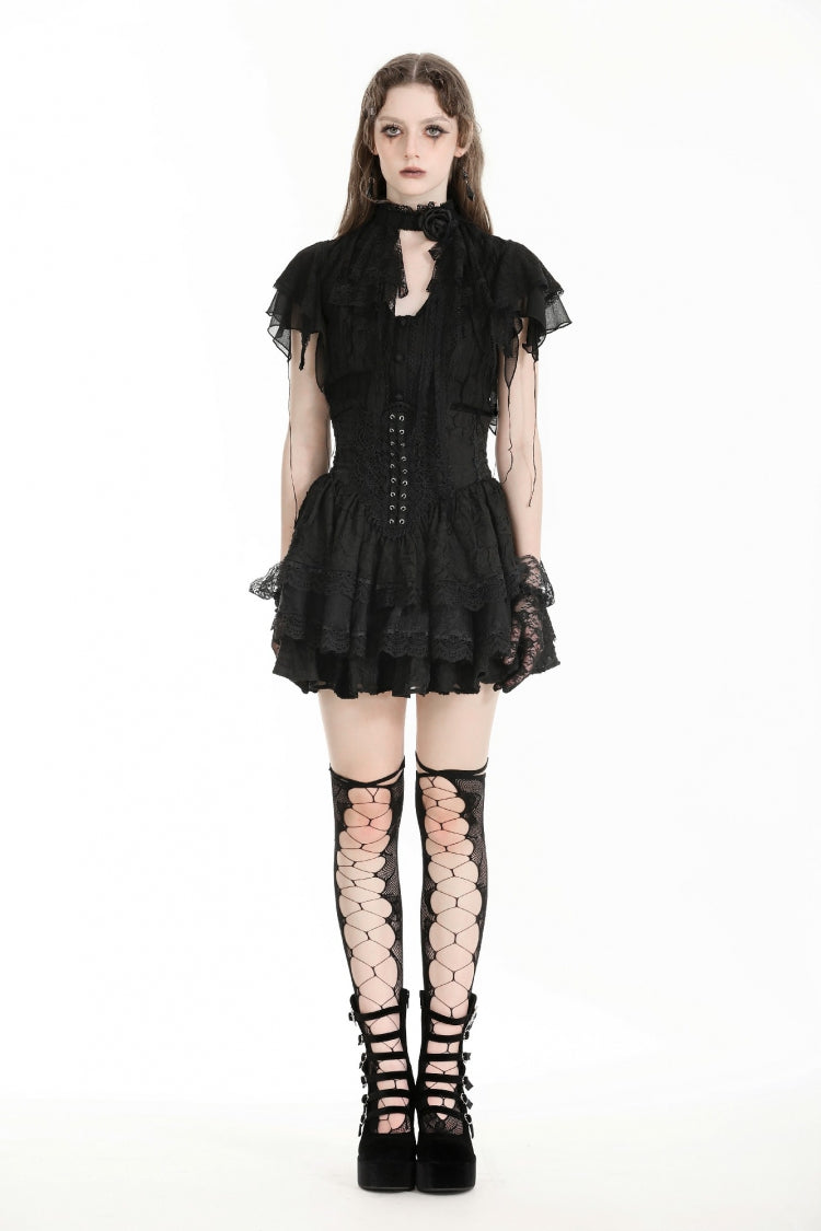 Black Stand Collar Ruffled Short Sleeves Lace Spliced Women's Gothic Blouse - Product - 5