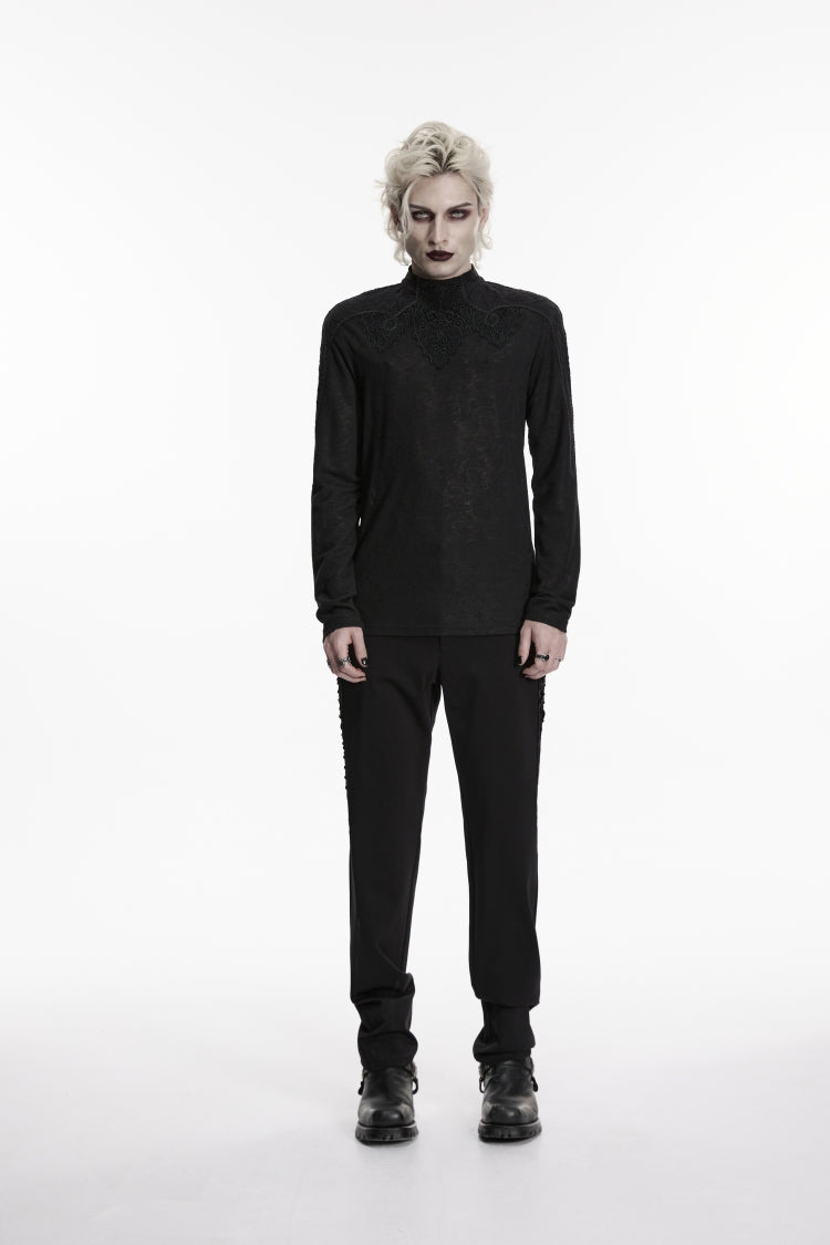 Black High Collar Long Sleeves Jacquard Spliced Slim Men's Gothic Top - Product - 2