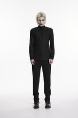 Black High Collar Long Sleeves Jacquard Spliced Slim Men's Gothic Top - Product - 2
