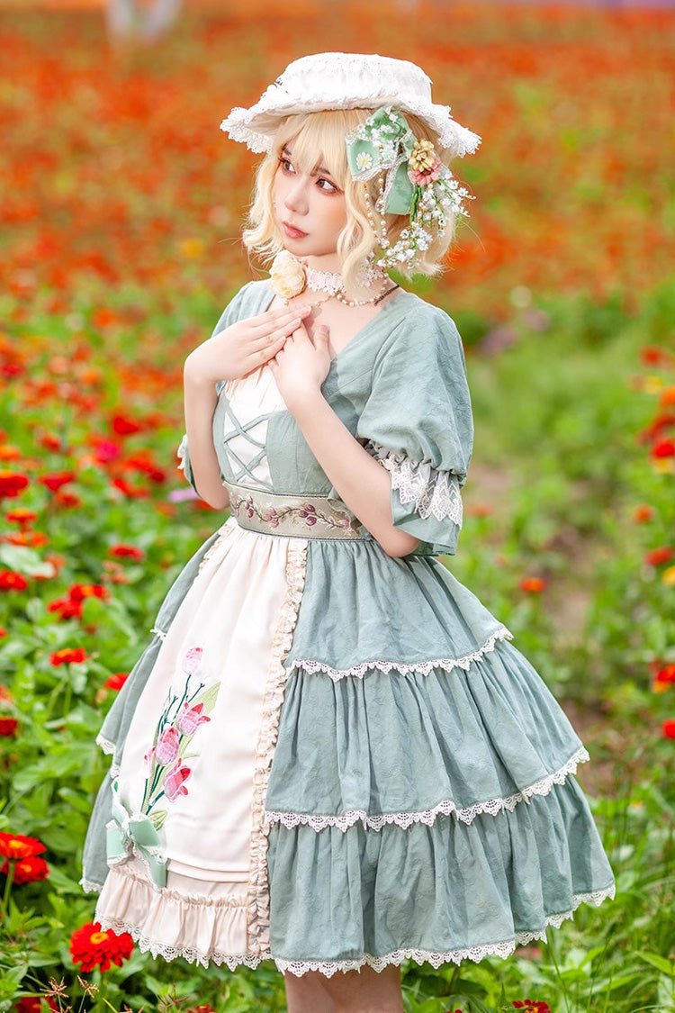 Tulip Print Embroidery Short Sleeves Multi-layer Sweet Elegant Lolita Jsk Dress 3 Colors - Product - 4