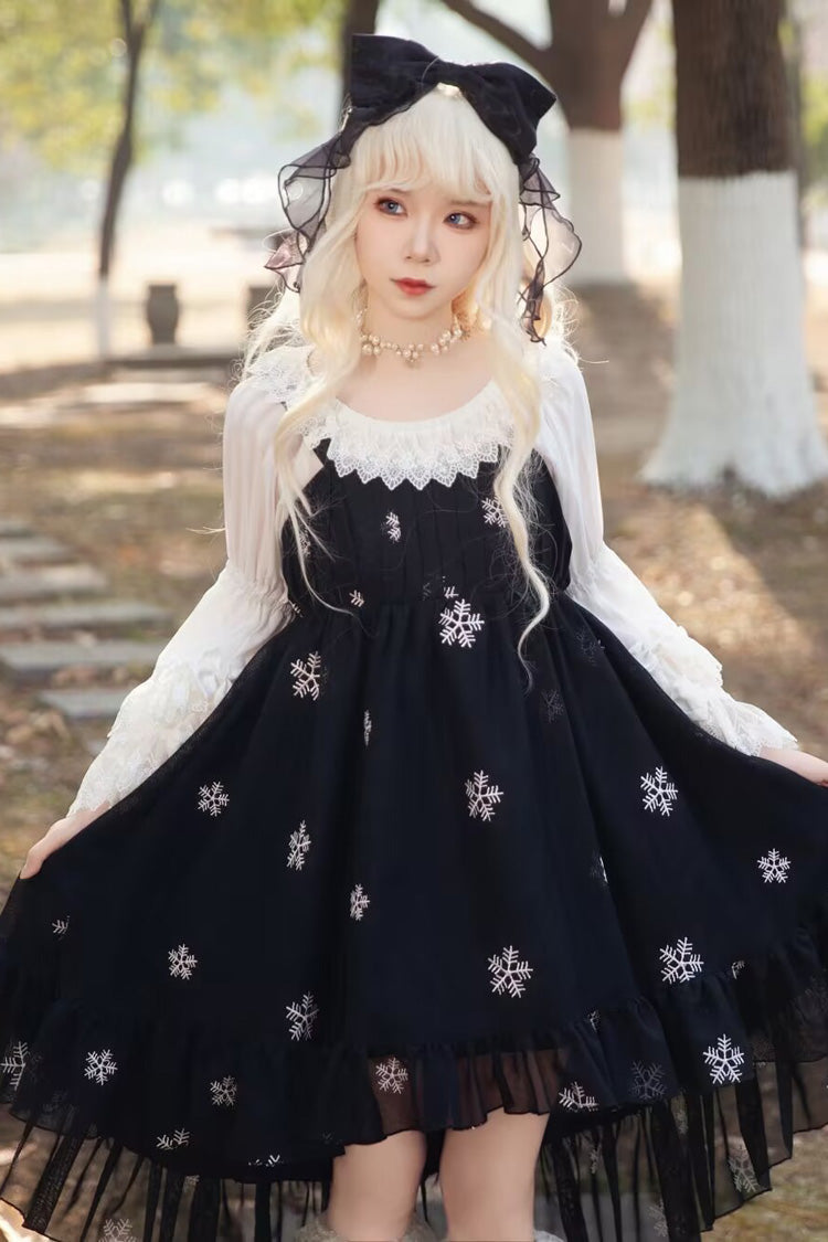 [Feather Snowflake Embroidery] Print Sleeveless Ruffle Bowknot Sweet Lolita Jsk Dress 3 Colors - Black - 7