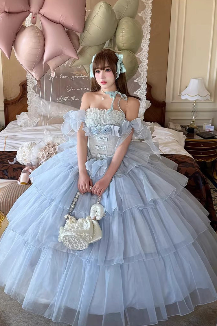 Blue [Mousse Love Song] Sleeveless Multi-Layered Ruffled Hanayome Bow Sweet Lolita Dress - Blue - 1