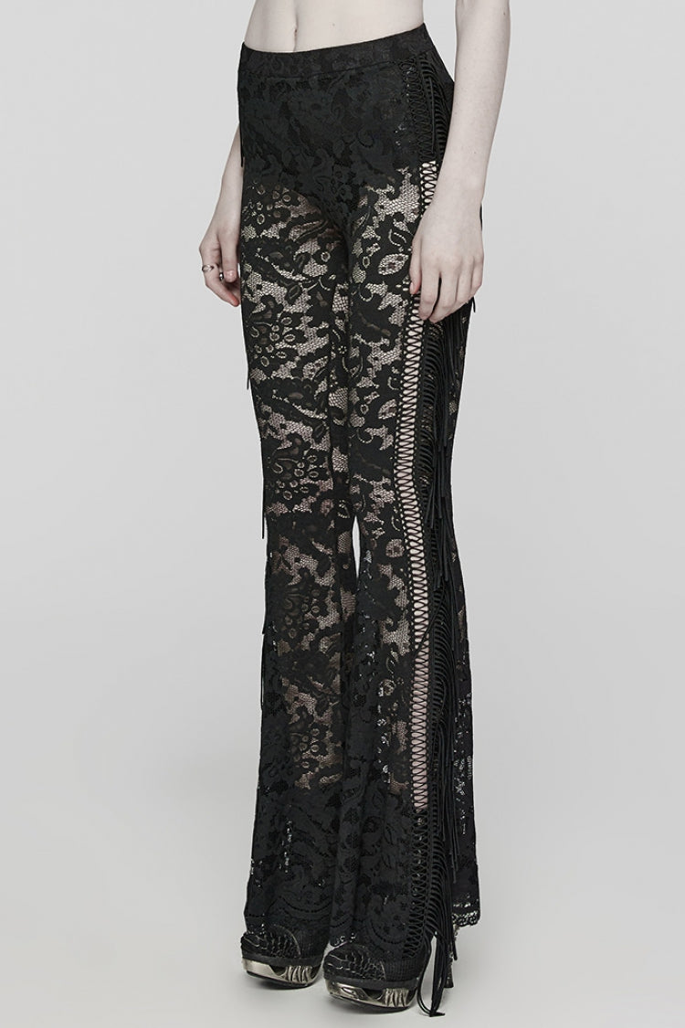 Lace Sheer Mesh Tassels Women's Gothic Flared Pants 2 Colors - Product - 2