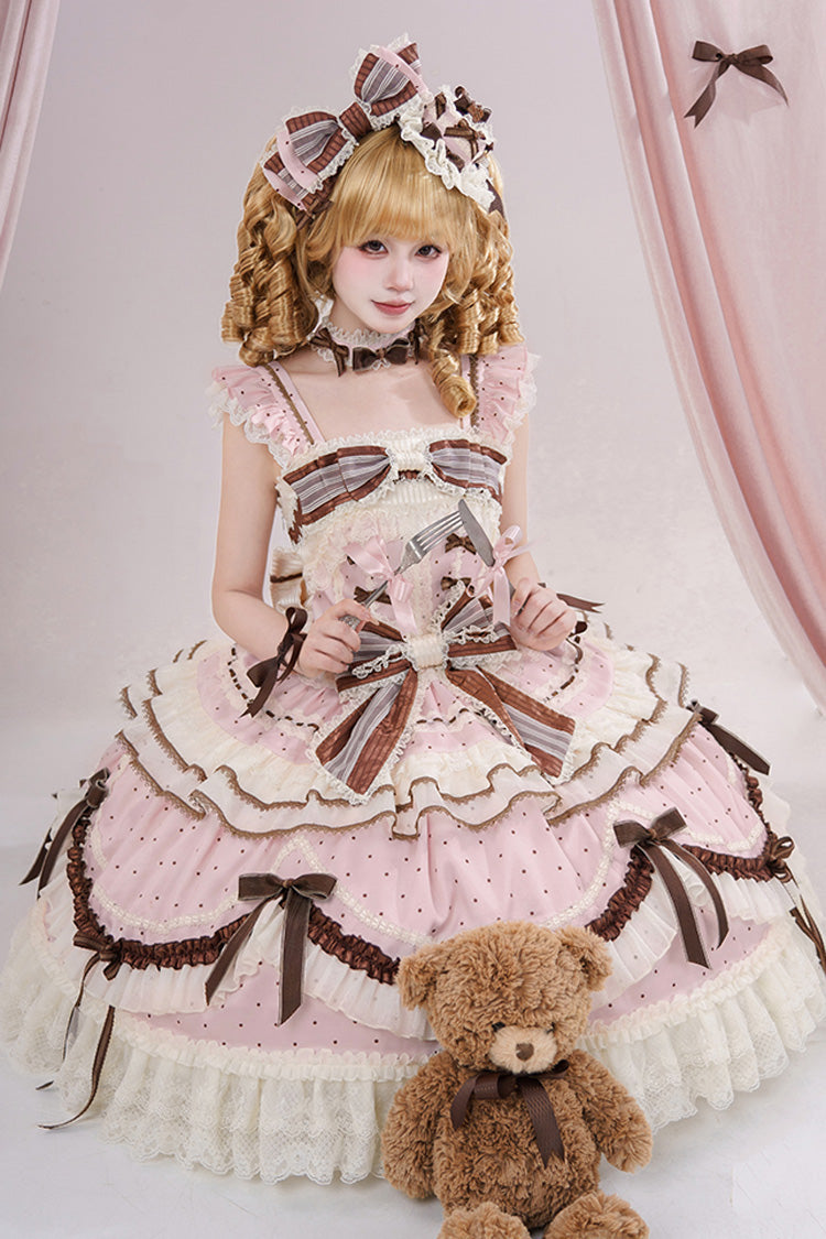Pink [Shengqiao Tata] Sleeveless Print Ruffle Bowknot Lace-Up Sweet Elegant Lolita Jsk Dress - Product - 12