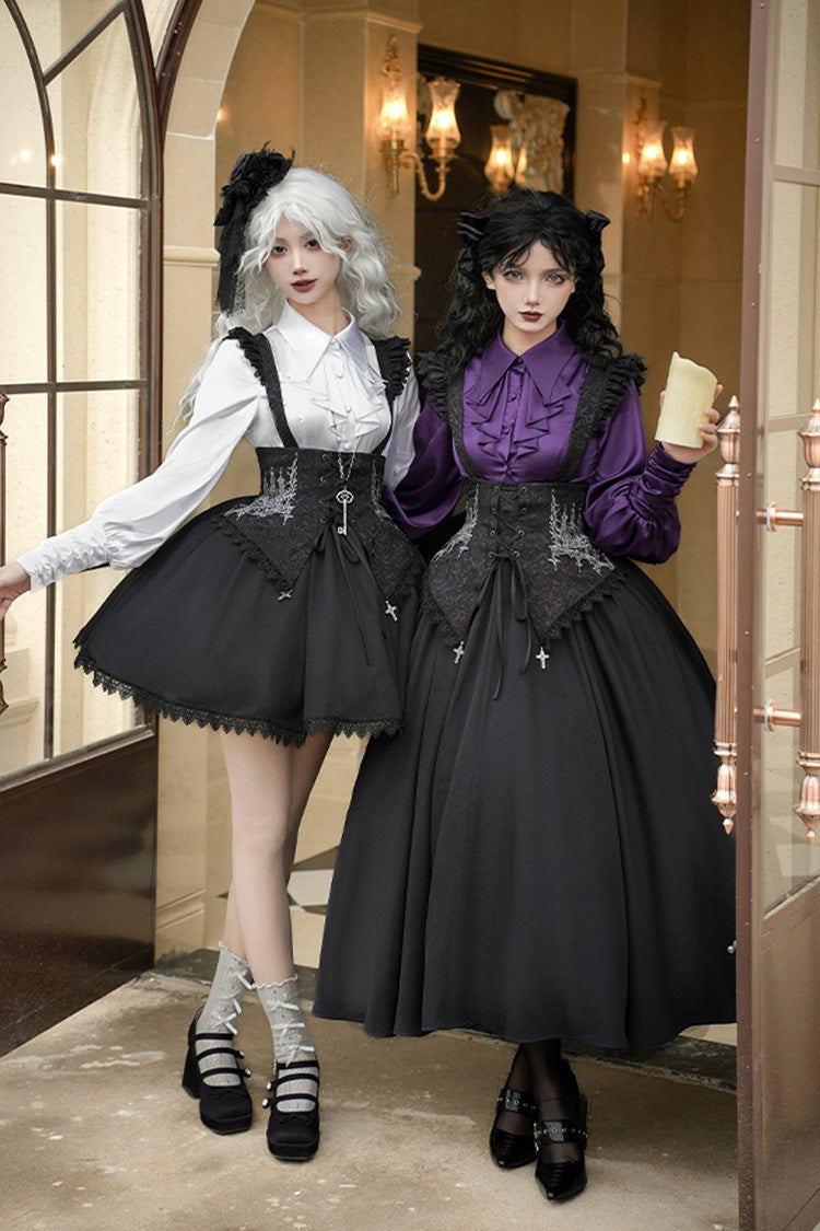 Black [Night of Thorns] Sleeveless Embroidery Lace-Up Gothic Lolita Strap Breast Support Dress 2 Versions - Product - 4