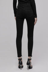 Black Triangular Metal Decorative Sheet Back Crossed Straps Tight Fit Punk Women's Denim Pants - Product - 2