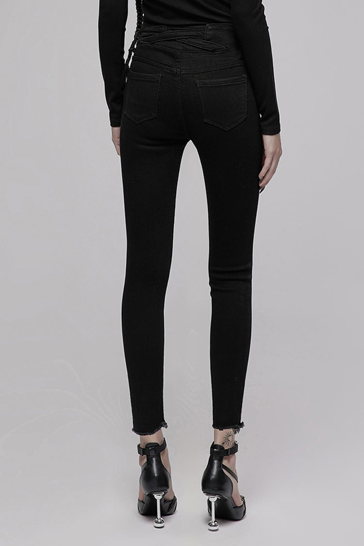 Black Triangular Metal Decorative Sheet Back Crossed Straps Tight Fit Punk Women's Denim Pants - Product - 2