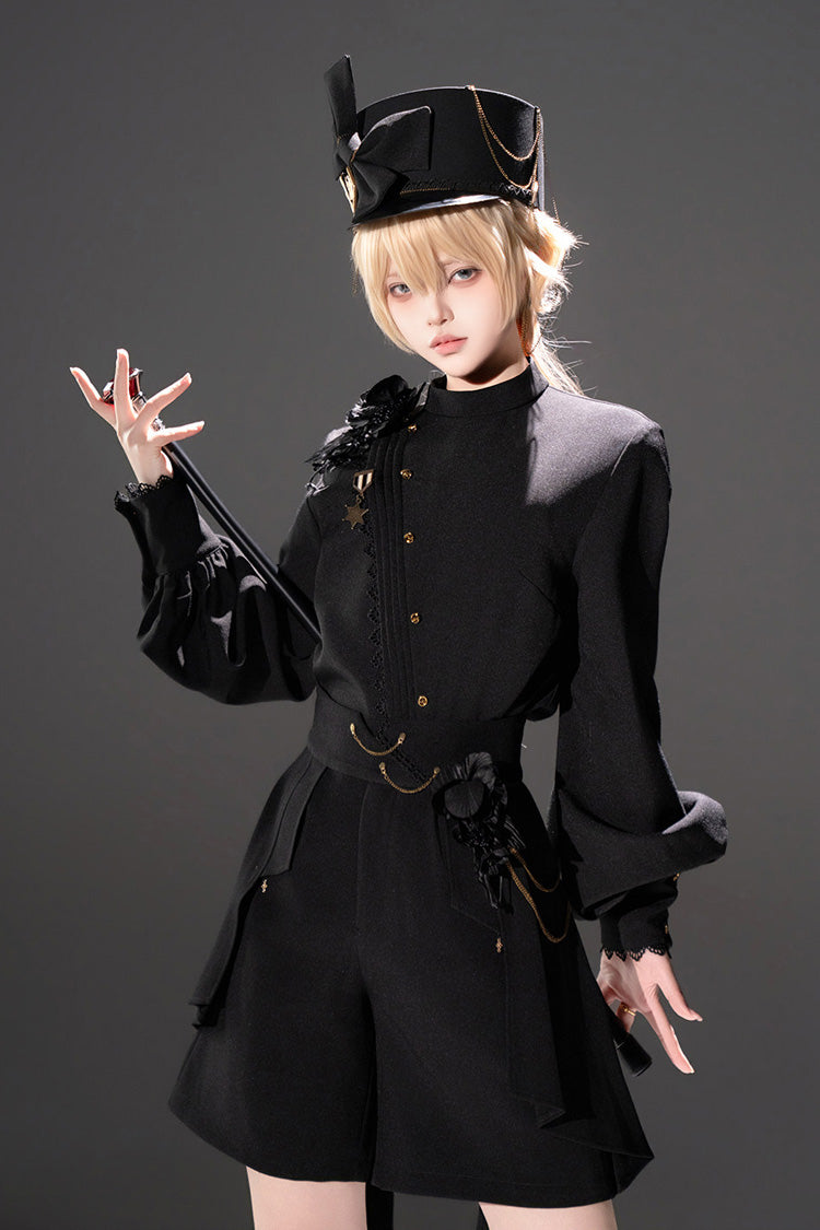 Black [Will of the Rose] Round Collar Long Sleeves Asymmetric Gothic Vintage Elegant Knight Prince Ouji Lolita Blouse Shorts Set - Black(Set) - 1