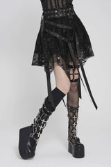 Black Double-Layered Lace Lace-Up Irregular Mesh Eyelet Women's Punk Skirt - Product - 4