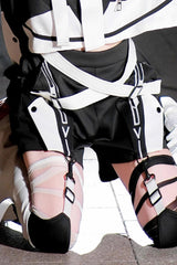 Black/White [Zero-Type Transformation] Techwear Long Sleeves Embroidered Hooded Punk Jirai Kei Shorts Coat Set - Shorts - 13